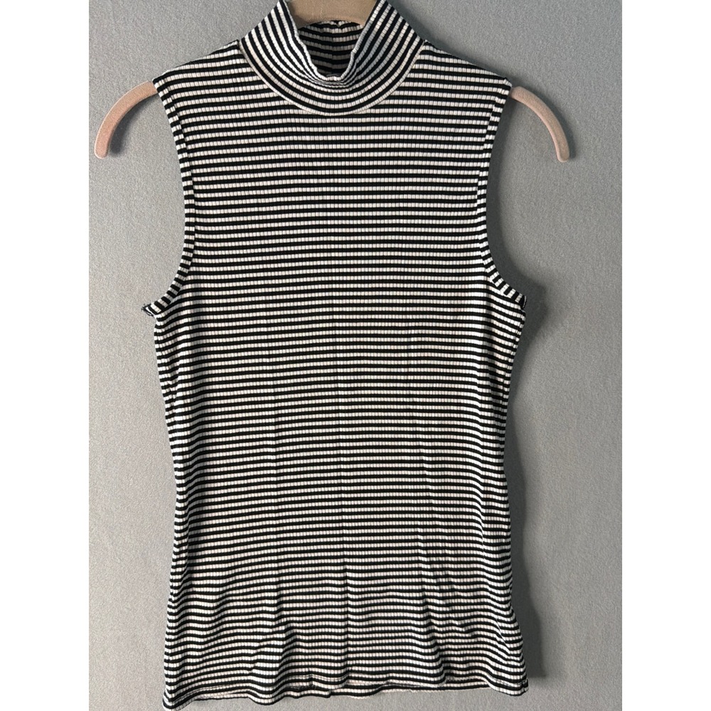 Athleta Womens M Tank Top Black White Excellent Striped Ribbed Mock Neck Tencel
